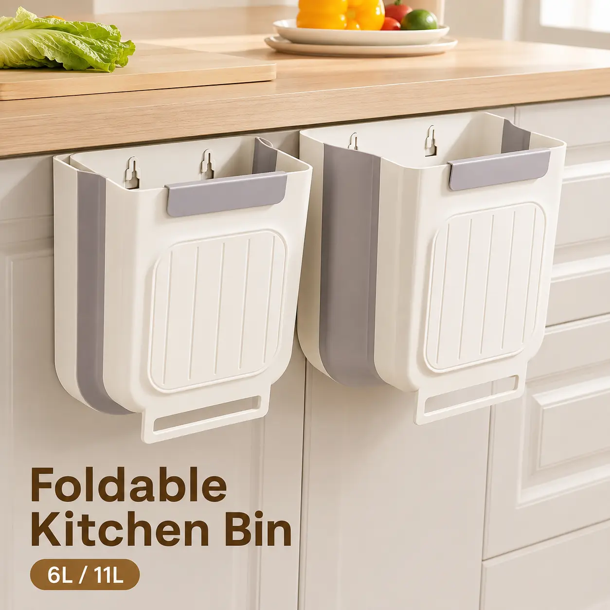 Kitchen Food Waste Bin, Hanging Cabinet Trash Container, Foldable Compost Bin for Countertop Cooking Prep, Space Saving Organizer