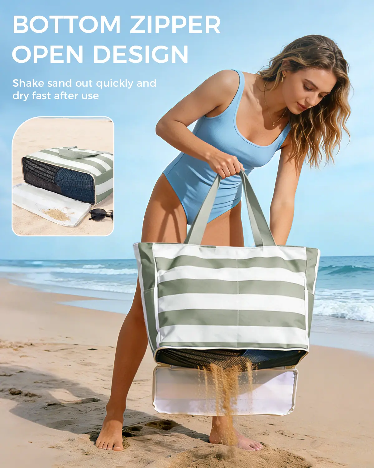 Beach Bags for Women, Large Waterproof Sandproof Beach Tote Bag with Zipper Family Pool Bags with 40oz Tumbler Pocket, Swim Cruise Vacation Essentials | 40oz Tumbler Pocket