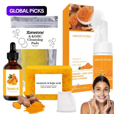 Turmeric Skin Care Set, Anti Aging Set, 4 Counts with Nourishing Cleansing Pads, Facial Cleanser, Turmeric Oil, Soap, Balm, Kojic Acid Soap, Firming #GLOBAL PICKS