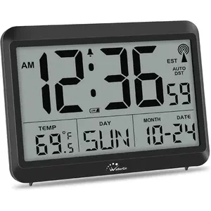 Atomic Digital Wall Clock Battery Operated, Self-Setting, Large Display with Temperature, Date, Day of The Week, Silent Wall Mount Digital Clock, 4 Time Zones, DST