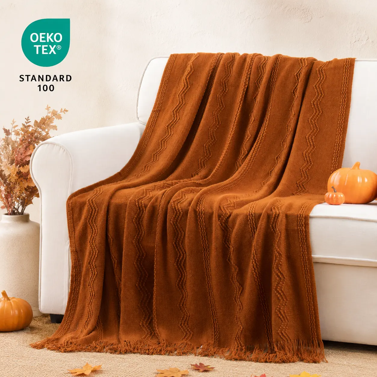 Battilo | Wavy Pattern Fringe Throw Blanket - Cozy Textile Throw, Soft & Durable, Modern Home Decor for Couch, 50"x60" Sofa Bed Fall Accent, Cozy Chic Blanket, Living Room Decorations