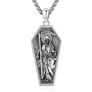 DRINSPER Silver Santa Muerte in Coffin Design Pendant Necklace 925 Sterling Silver Necklace Jewelry Gift for Women Men, Grim Reaper Pendant Necklace