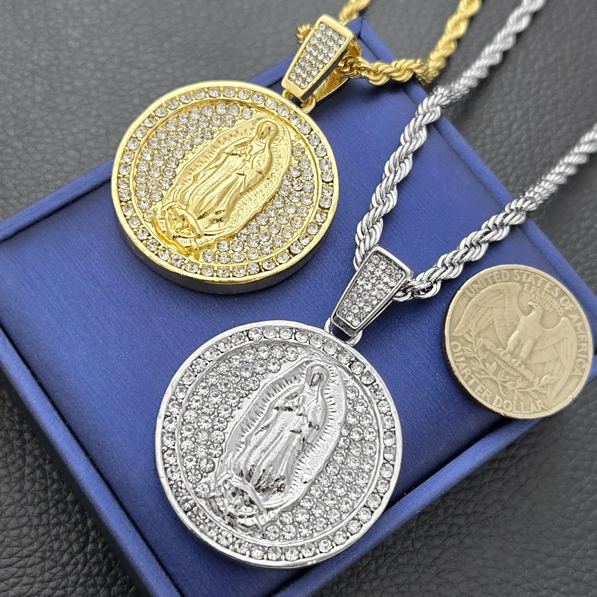 MaxBling81 Guadalupe Mother Mary CZ Iced Religious Medal Pendant Necklace, 4mm 24in Rope Chain Link, Unisex Gold-Plated Amulet, Exquisite Chain Jewelry, Hip Hop Style Costume Accessory, Chain Link Necklaces