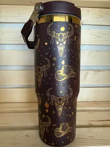 30oz Engraved Western Tumbler – Flip Lid | Cow Skull & Cactus Pattern