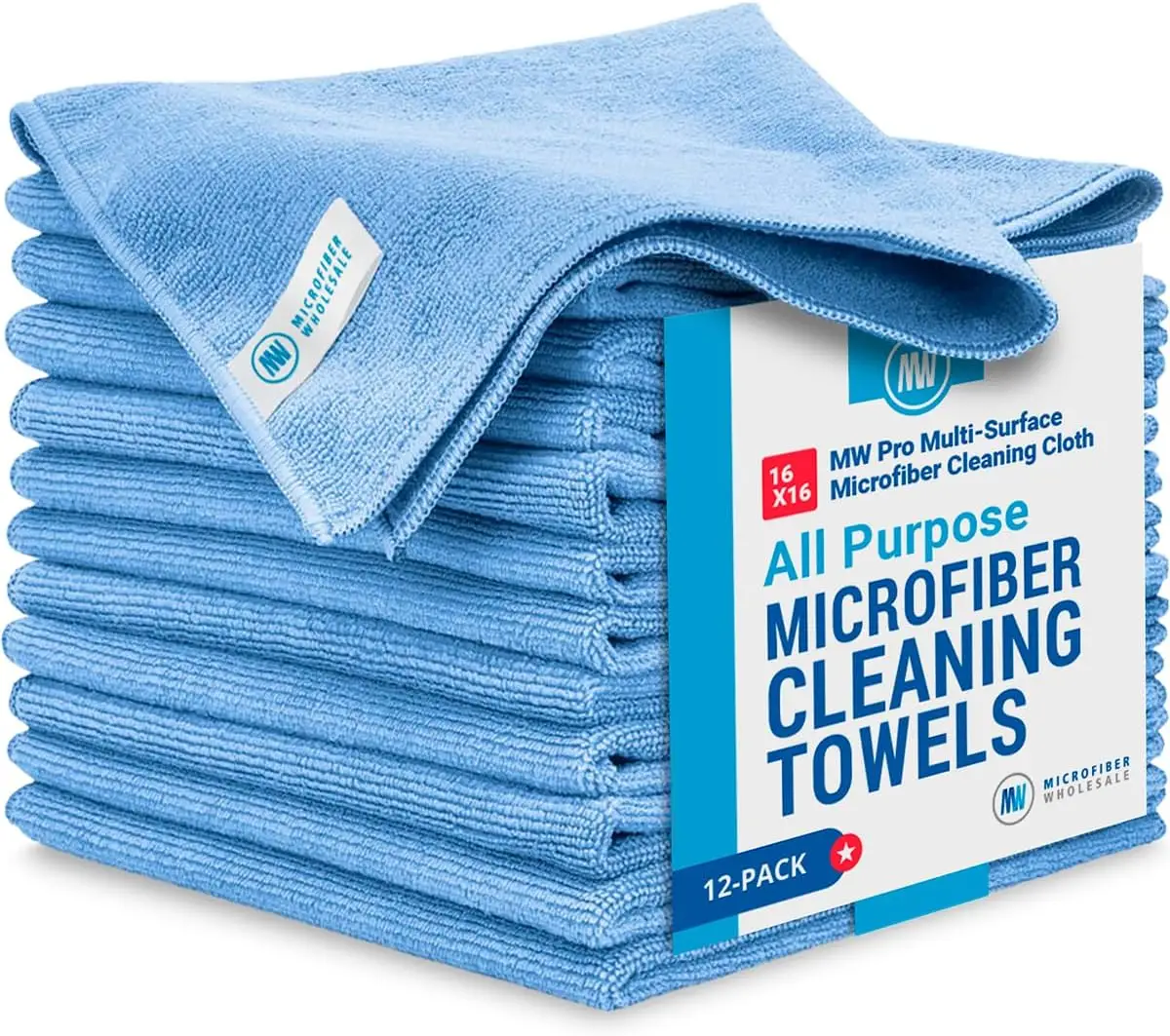MW Pro Multi-Surface Microfiber Towel – 12 Pack | Premium Cleaning Cloth | Clean, Buff, Dust, Polish, Absorb | Large 16"x16" Kitchen Absorbent