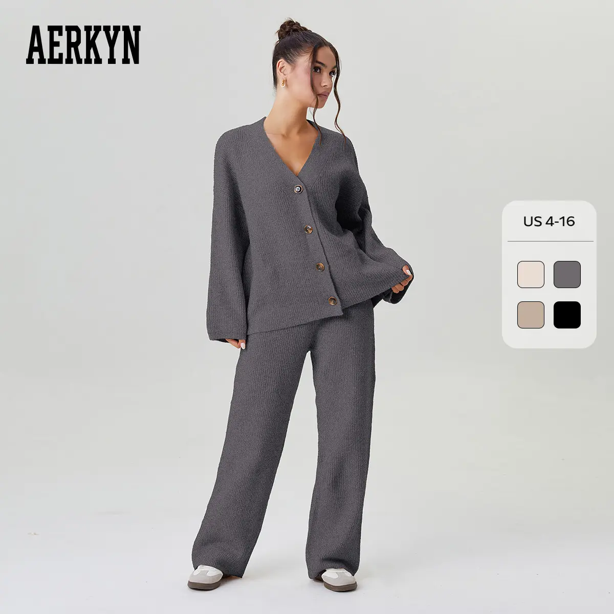 Women's Slouchy Solid Color V-Neck Button-Up Long Sleeve Cardigan & Stretch Loose Trousers Co-ord, Minimalist Two Piece Outfits, Cozy Womenswear (CN)