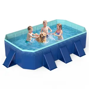COSTWAY Foldable Non-Inflatable Swimming Pool, Portable Rectangle Around Ground Pool with 24 Hard Shell, Drain Hose, Outdoor Collapsible Kiddie Pool for Backyard Garden
