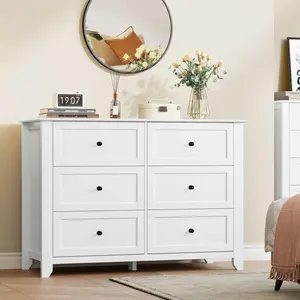 6 Drawer Dresser for Bedroom, Large Modern Wooden Chest of Drawers with Deep Storage & Metal Knobs, Wide TV Stand Console Table for Living Room, Entryway, Hallway