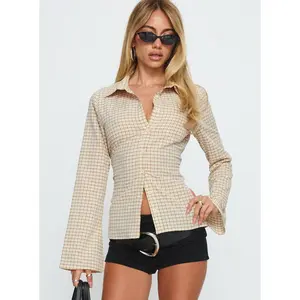 Eryx Tie Back Button Up Top Apricot Check