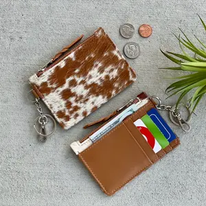 Cowhide Leather Western Wallet Cardholder Keychain in Tan