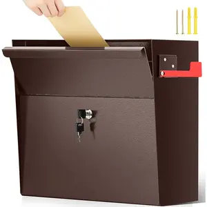 Wall Mount Mailboxes for Outside Locking  Mail Box Galvanized Steel Wall Mailbox Large Capacity  Box with Key Lock and Reflective Stickers(Brown,15.35 x 15 x 7 Inches)