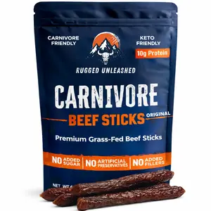 Rugged Unleashed Carnivore Beef Sticks | Made from 100% Grass-Fed Beef | Premium High-Protein Carnivore Snack with Zero Sugar & No Nitrates | Keto & Carnivore Friendly | Made in USA | 6 oz Pack