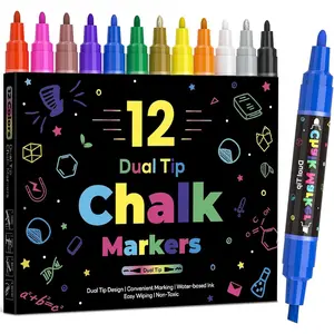 12 Dual Tip Liquid Chalk Markers - Erasable Wet Erase Marker Pens for Blackboard Chalkboard Signs Glass Bar Menu School Wedding Sign Just Married Car Windows Decorations