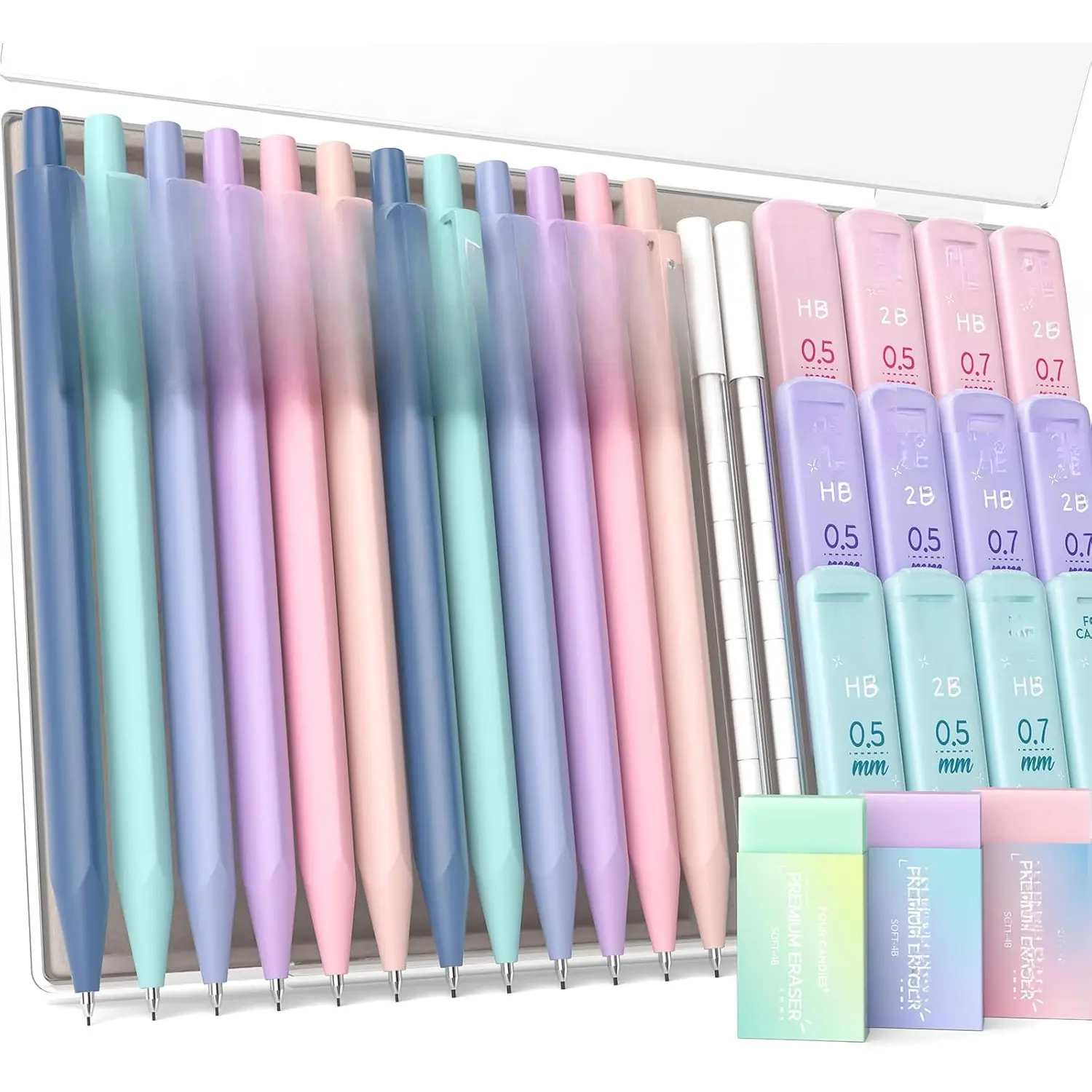 Mechanical Pencil Set, with 0.5 & 0.7mm Lead Refills (HB & 2B), Pastel Erasers & Eraser Refills, 29-Count Pack with Case, Cute Aesthetic School Supplies for Writing, Drawing, Sketching