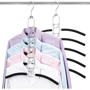 Space Saving Clothes Hangers, Multilayer Metal Hanger 2 Pack 5 in 1 Space Saver Coat Hangers, Anti-Slip Foam Padded Shirt Suit Hanger for Closet Storage Organizer