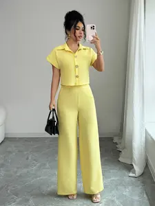 Women's Casual Short Sleeve Shirt Set, Metal Button Crop Top with Wide Leg Pants, Simple Basic Daily Vacation Suits