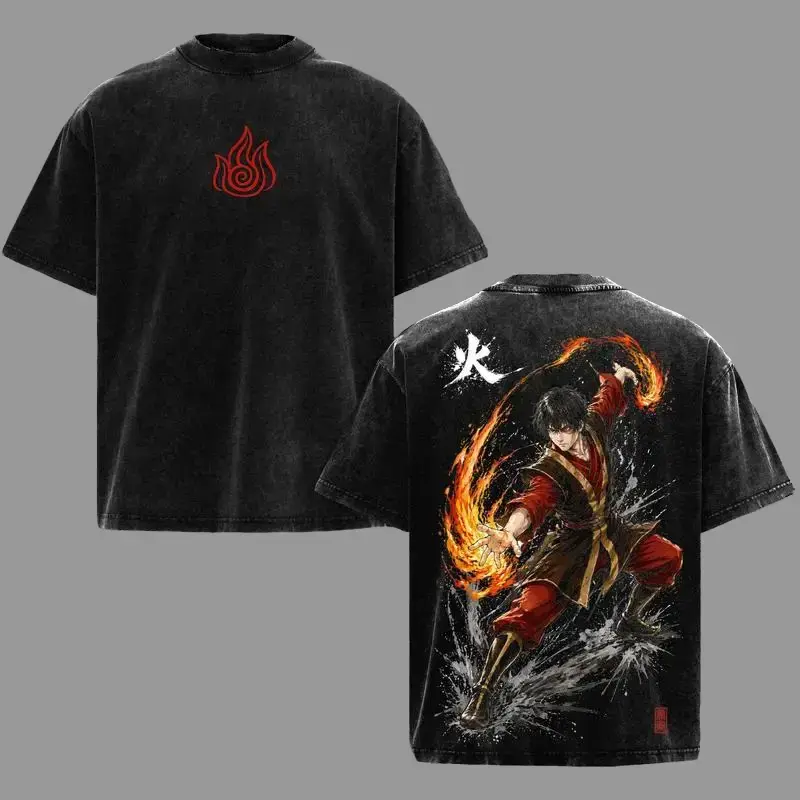 Men's Heavy Cotton T-shirt with Avatar Prince Zuko Graphic - Vintage Washed, Oversized Short-Sleeve Casual Streetwear, Shortsleeve, Tshirt, Menswear, Classic, Round Neck