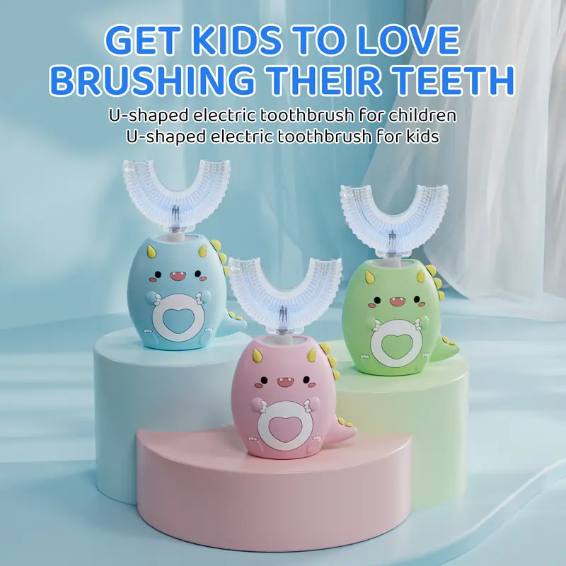 Children's C-Type Electric Toothbrush, Multi-Mode high-Frequency Sonic Vibration Toothbrush, Cute Cartoon Dinosaur Shape 360-degree Cleaning IPX7 Waterproof Design (2-12 Years Old)