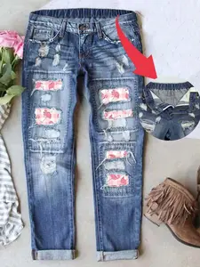 Women's Patch Ripped  Distressed Stretchy Waistband Boyfriend Unique Print Mid-Waist Jeans Fitted Denim Pants Woman's Casual Daily Wear Comfy for All Season