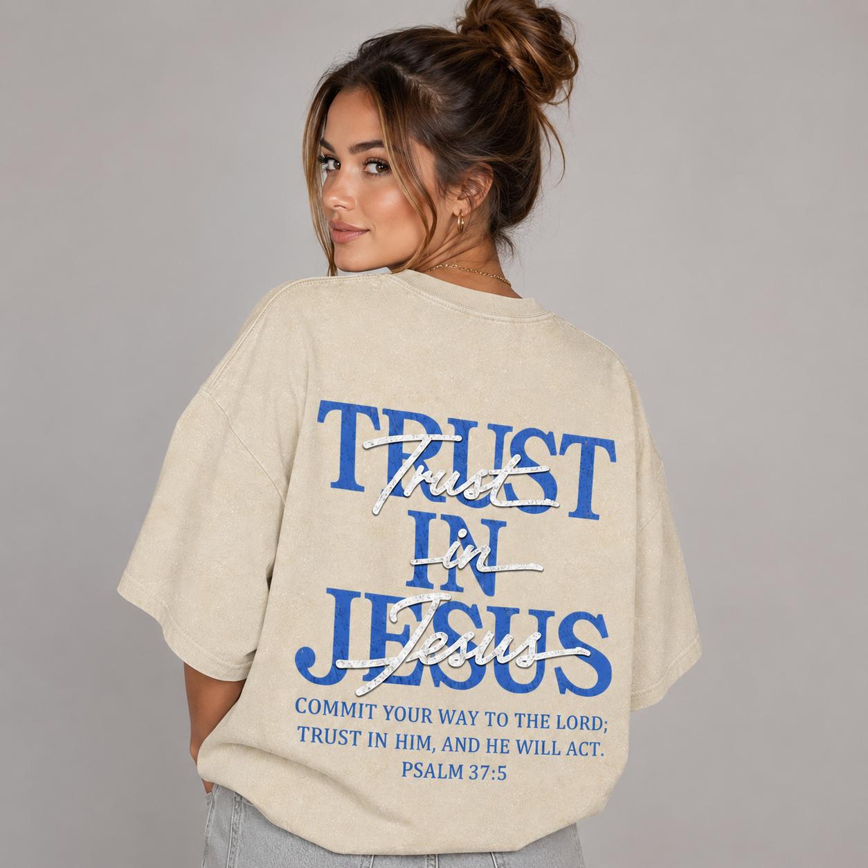 Women's Unisex 'Trust in Jesus' Faith Message Short-Sleeve Graphic Tee, Vintage Washed Oversized Cut Casual Tee Shirt, Classic Crew Neck, Dropped Shoulder, Front/Back Print, Streetwear Vibe Top