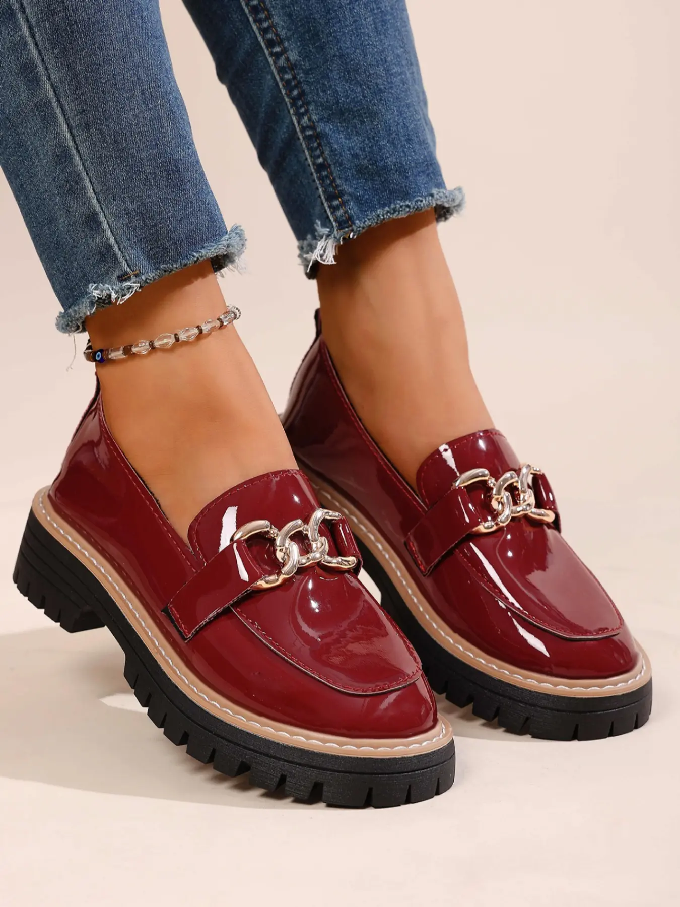 Women's Thick Sole Metallic Chain Decor Patent Leather Loafers, Multi-Color Casual Flat Shoes, Comfortable Slip-On Footwear