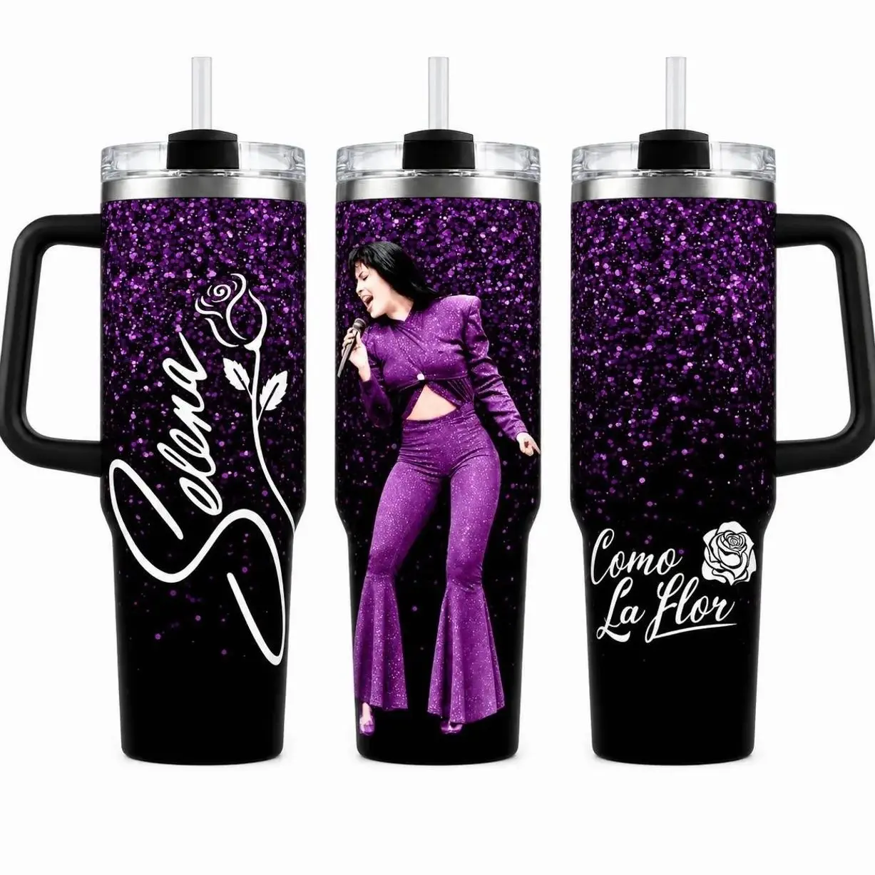 Selena Como La Flor Tumbler 40oz, Purple Glitter Latina Music Fan Cup With Singer Graphic Rose Signature Artwork And Travel Drinkware With Handle, Not Including The Straw Water Bottles Bottle