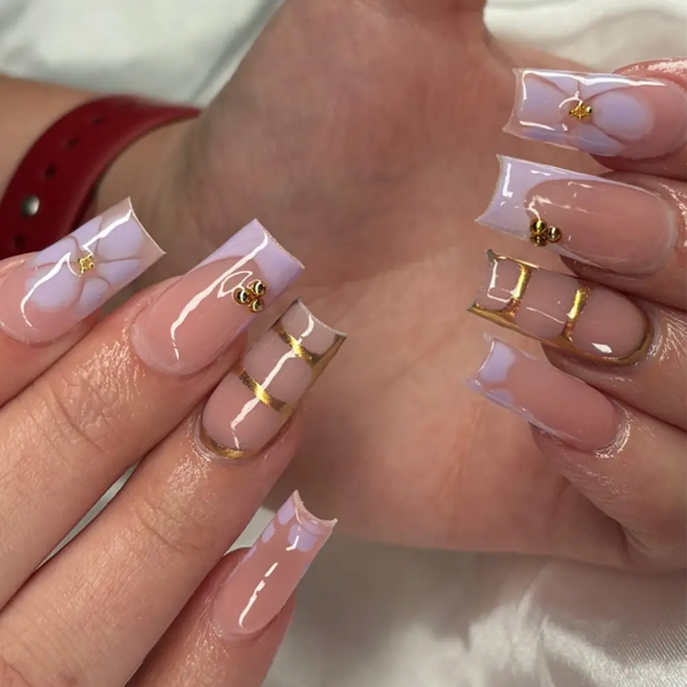 24pcs Medium Square Press-On Nails, Light French Style, Petal & Leopard Print Design, Glossy Acrylic Square Fake Nails Set for Women and Girls, Handmade Press On, Nails Press Ons
