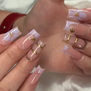 24pcs Medium Square Press-On Nails, Light French Style, Petal & Leopard Print Design, Glossy Acrylic False Nails Set for Women and Girls, Handmade Press On, Nails Press Ons