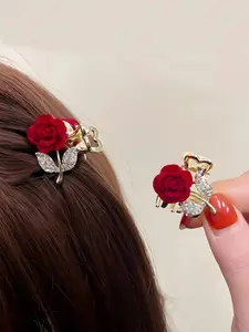 Vintage Luxurious Rose Rhinestone Hair Clip, Boho Style Bohemian Aesthetic Elegant Girl Side Half Bun Hair Accessory, Versatile Party Commute Hair Decor
