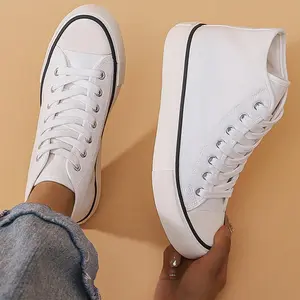 Unisex Simple Fashion Flat Basic Black & White Canvas High Top Shoes, Spring/Autumn Versatile Shoes For Women