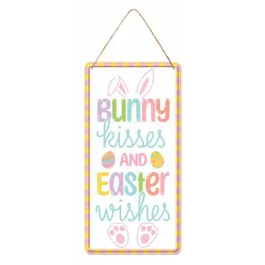 12"H X 6" L White Pastel Multi     Embossed Bunny Kisses Sign   MD1513