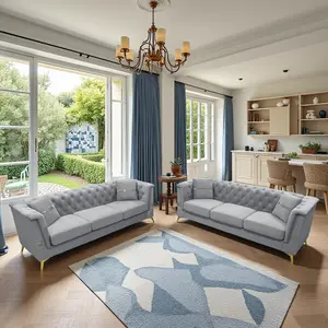 FX-P83-2PC Luxury 2-Piece Fabric Sofa Couch Set - LG4, Modern 6-Seat Upholstered Sectional Sofas Couches with Flared Arms, Removable Cushions, Gold Legs, Mid-Century Design for Spacious Living Rooms, Large Families, Modern Sofas Couches