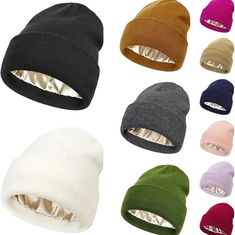 Knitting Beanie - Solid Color Tangle-Free Knit Warm Winter Cap, Warmer Satin-Lined Silk-Smooth Inside Anti-Slip Edge Accessory, Valentine's Day Gift for Him, Cozy Fitted Daily Hat for Women