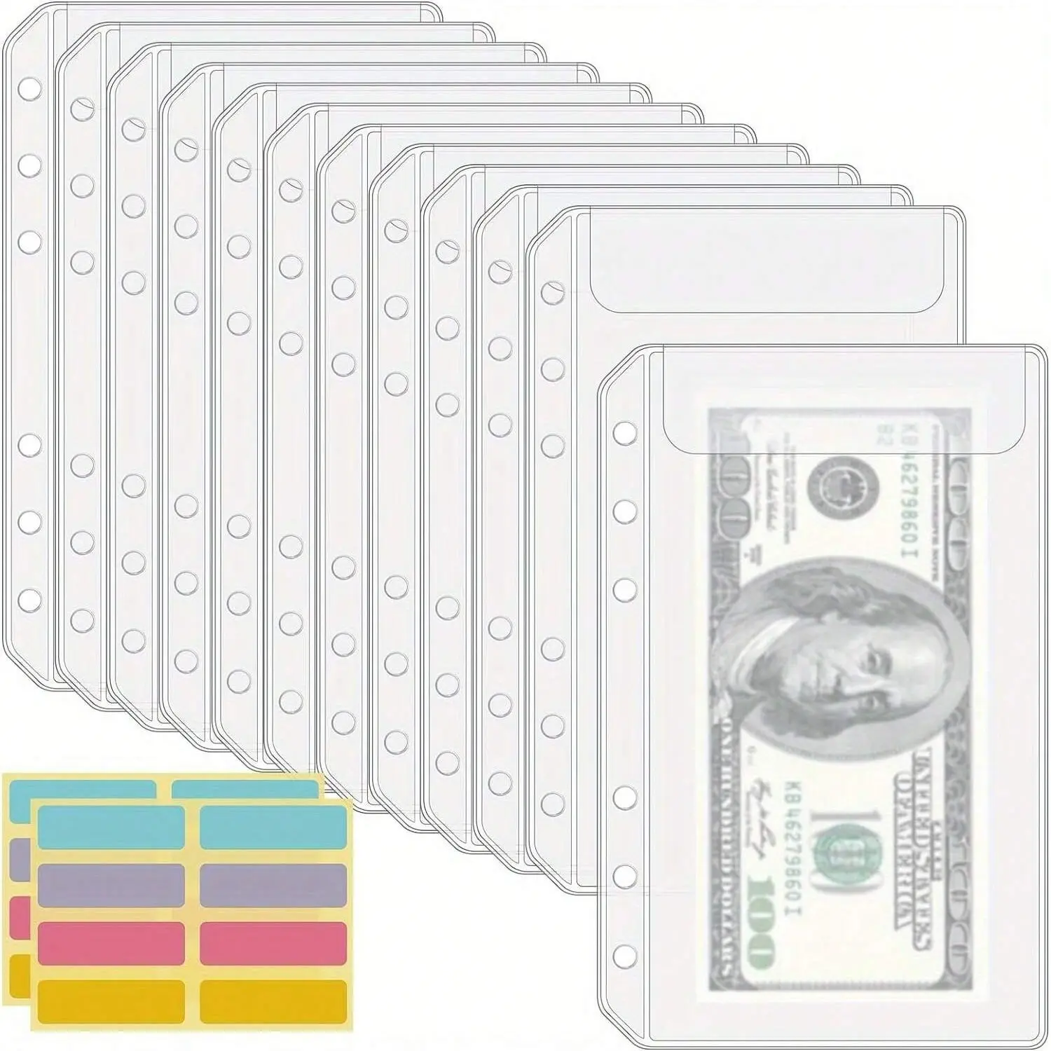 Clear A6 Binder Pockets - Cash Envelopes for Budgeting, PVC Money Organizer, Monthly Bill Organizer, Savings Tracker Organizer, Top-Loading Sleeves, Budget Planners (Including stickers)