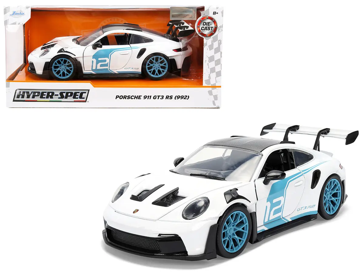Porsche 911 GT3 RS (992) #12 White with Blue Stripes and Carbon Top 1:24 Diecast Model Car by Jada
