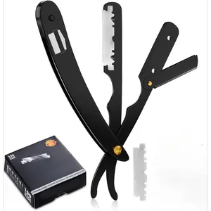 Professional Barber Straight Edge Razor Safety with 100-Pack Derby Blades - 100 Percent Stainless Steel (Black)