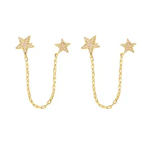 Golden Star Chain Stud Earrings for Women, CZ Diamond Dangle Earrings, Double Star Tassel Ear Studs, Elegant Fashion Jewelry, Daily Wear Party Gift Accessory