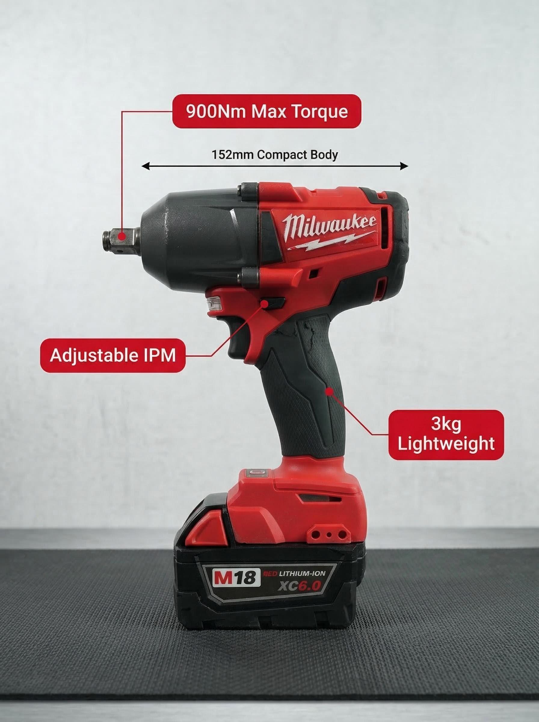 Milwaukee M18 FMTIWF12 18V Cordless Impact Wrench Suitable for Auto Repair and Steel Structure Installation Power Tool 900Nm Removal Torque Three-Speed Adjustable Compact Design