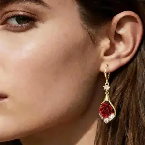 14K Gold Plated Rose Drop Earrings, Sparkling Crystal Tassel for Women