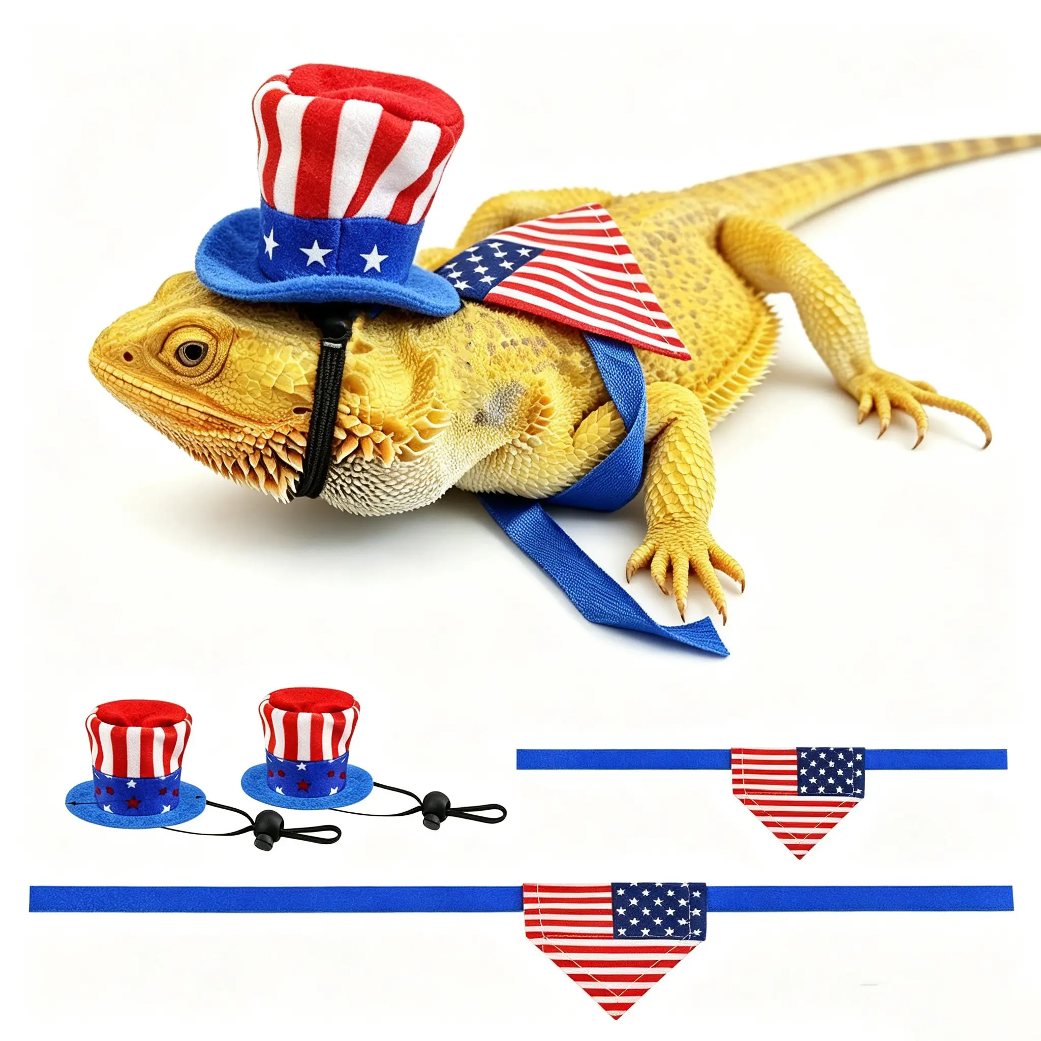 4Pcs Independence Day Bearded Dragon Costume Set - Uncle Sam & American Flag Hats for Bearded Dragons & Lizards