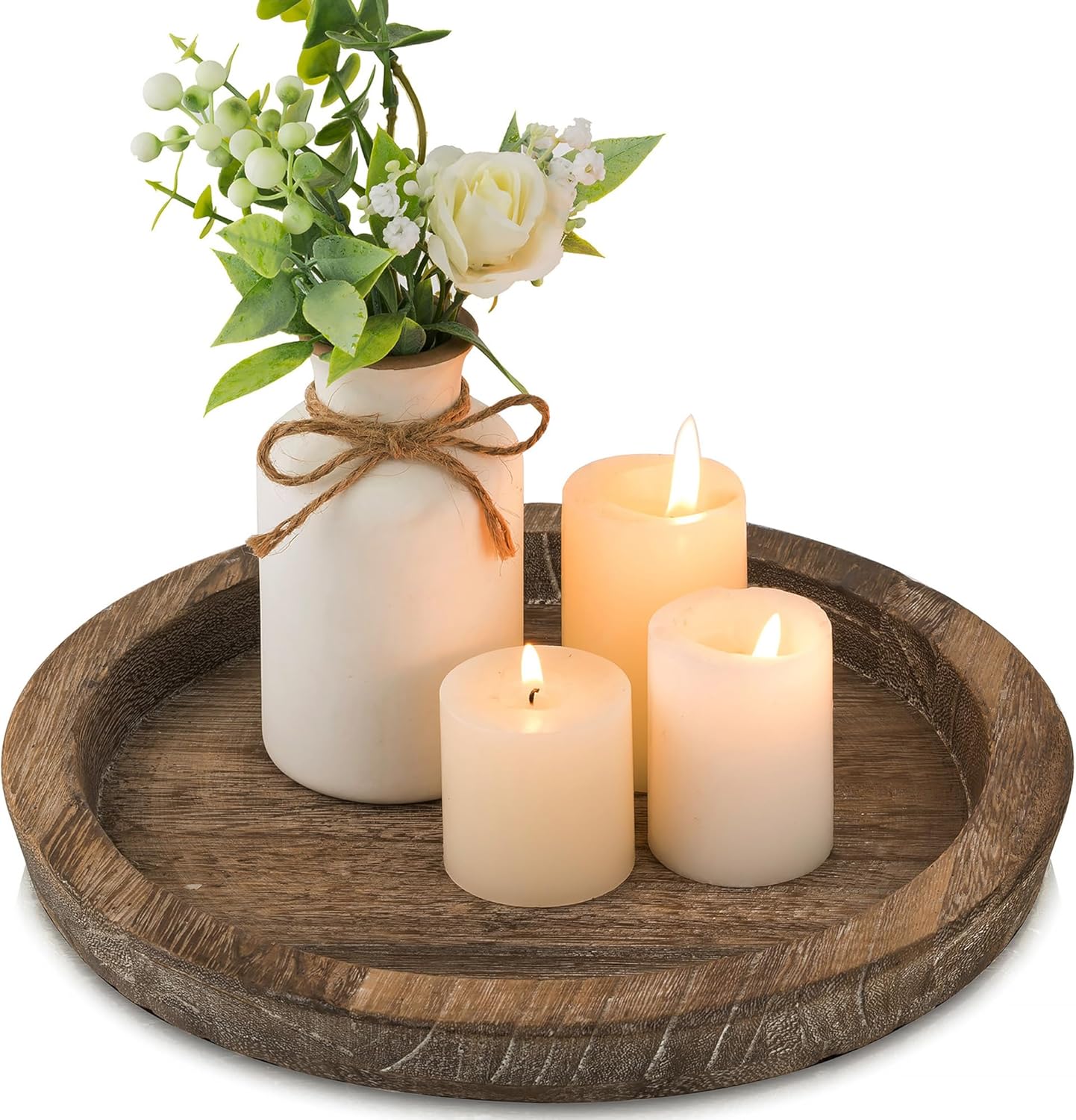 Candle Plate Holder Tray: Round Wood Decorative Candle Plate - Rustic Farmhouse CoffeeTable Decor - Tealight Pillar Trays for Home Decor (Distressed)