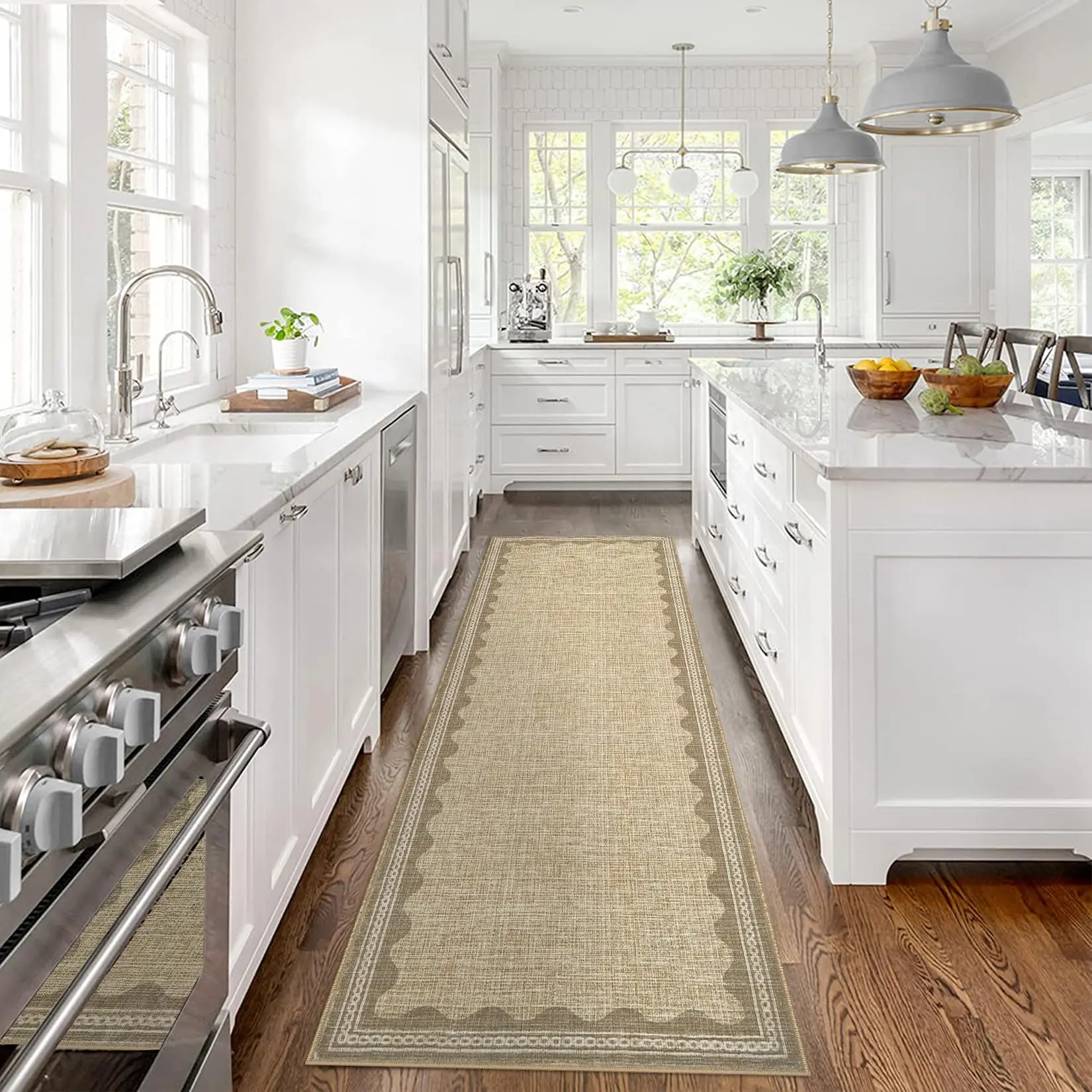 Scalloped Runner Rug 2x6 Modern Hallway Runner Rug Contemporary Solid Bordered Carpet Non-Slip Non-Shedding Indoor Soft Floor Cover Long Runners for Entryway Laundry Kitchen Bedroom Linen