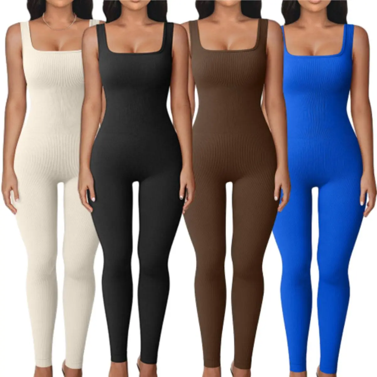 Womens Workout Jumpsuits Square Neck Tank Tops Rompers One Piece Ribbed Sleeveless Exercise Unitard Yoga Bodycon