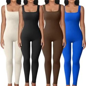 Womens Workout Jumpsuits Square Neck Tank Tops Rompers One Piece Ribbed Sleeveless Exercise Unitard Yoga Bodycon