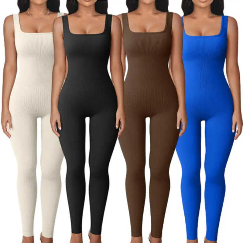 Women's Ribbed Sleeveless Square Neck Compression Jumpsuit - Sporty Comfy Yoga Activewear, Bodycon Sports Tank Romper, All-Season Layering Gear, Spandex Stretch Support, Jumpsuits for Women