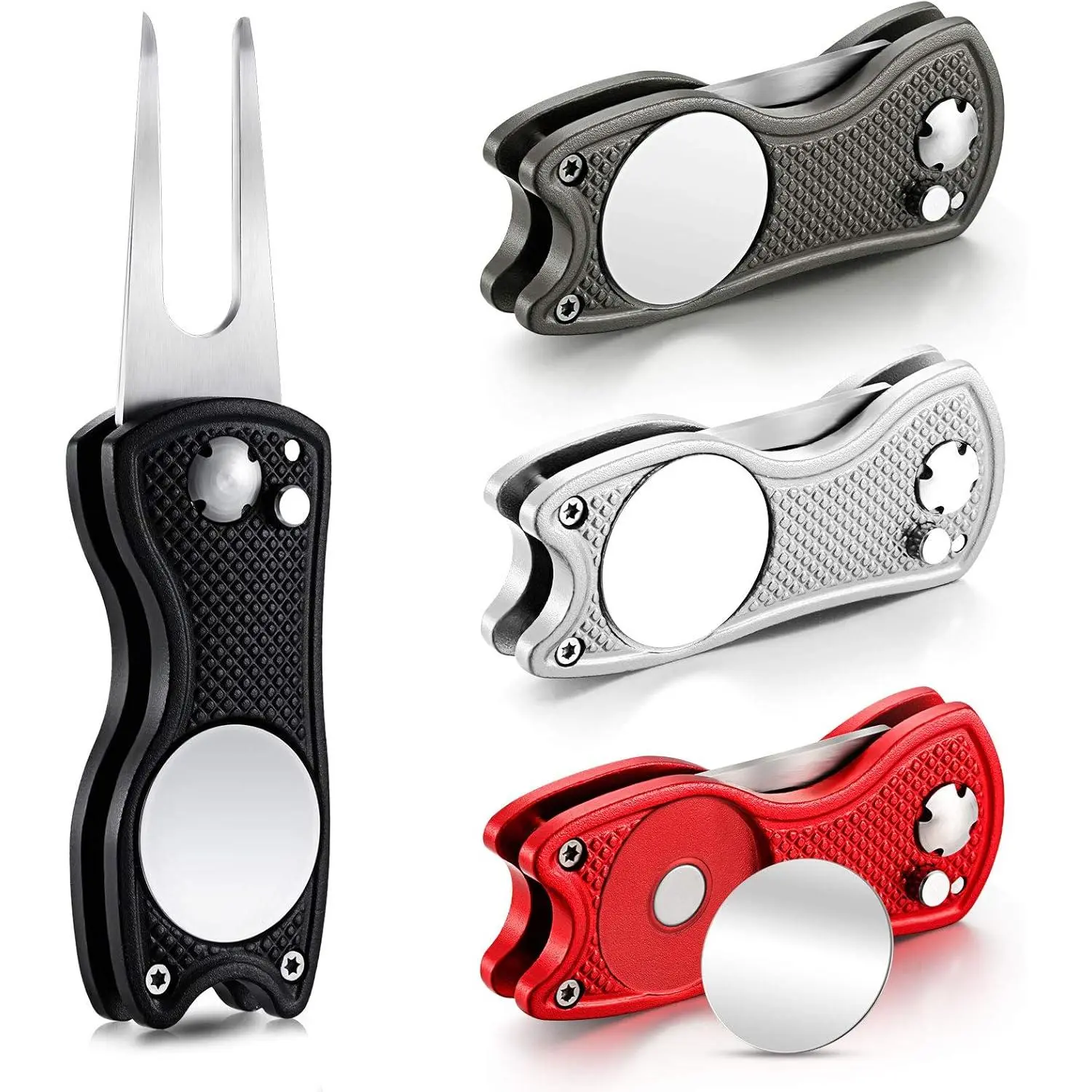 4-Pack Multifunctional Golf Divot Repair Tool, Stainless Steel Foldable Switchblade with Pop-up Button and Ball Marker for Golfers, Golf Supply