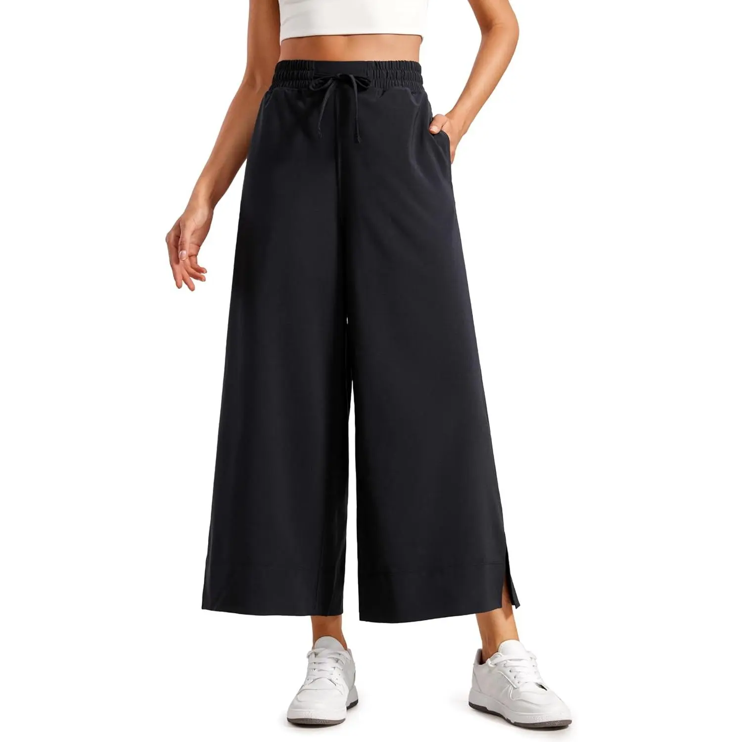 Lightweight Wide Leg Cropped Pants for Women 25" - Casual Travel Work Sweatpants Summer