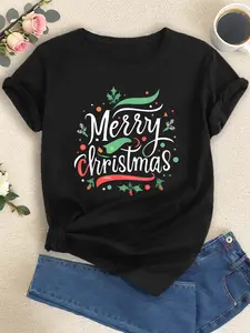 Women's Merry Christmas Print T-Shirt - Short Sleeve Crew Neck Casual Top with Festive Holly and Berry Design, Vibrant Green Holiday Tee, Perfect for All Seasons, Machine Washable, Christmas Tee, Comfortable Fit Shirt