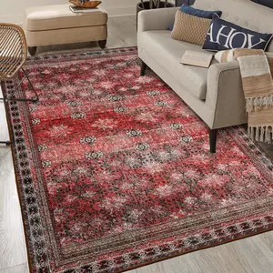 Distressed Burgundy Vintage Design Flower Area Rug For Living Room Bedroom Dining Room,Faux Cashmere Machine Washable Rug for Enteryway, Kitchen, Bathroom, Laundry Room,Non-Slip Backing, Vintage, Easy Clean, Durable, Low Pile Rug,5x8 Ft,6x9 Ft