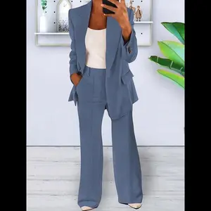 NewTwo-Piece Set Women's Solid Color Button Front Flap Detail Blazer & Pocket Suit Pants, Elegant Lapel Neck Long Sleeve Outerwear & Trousers for Work Office Business, Ladies Spring & Fall Clothes(Gift)11